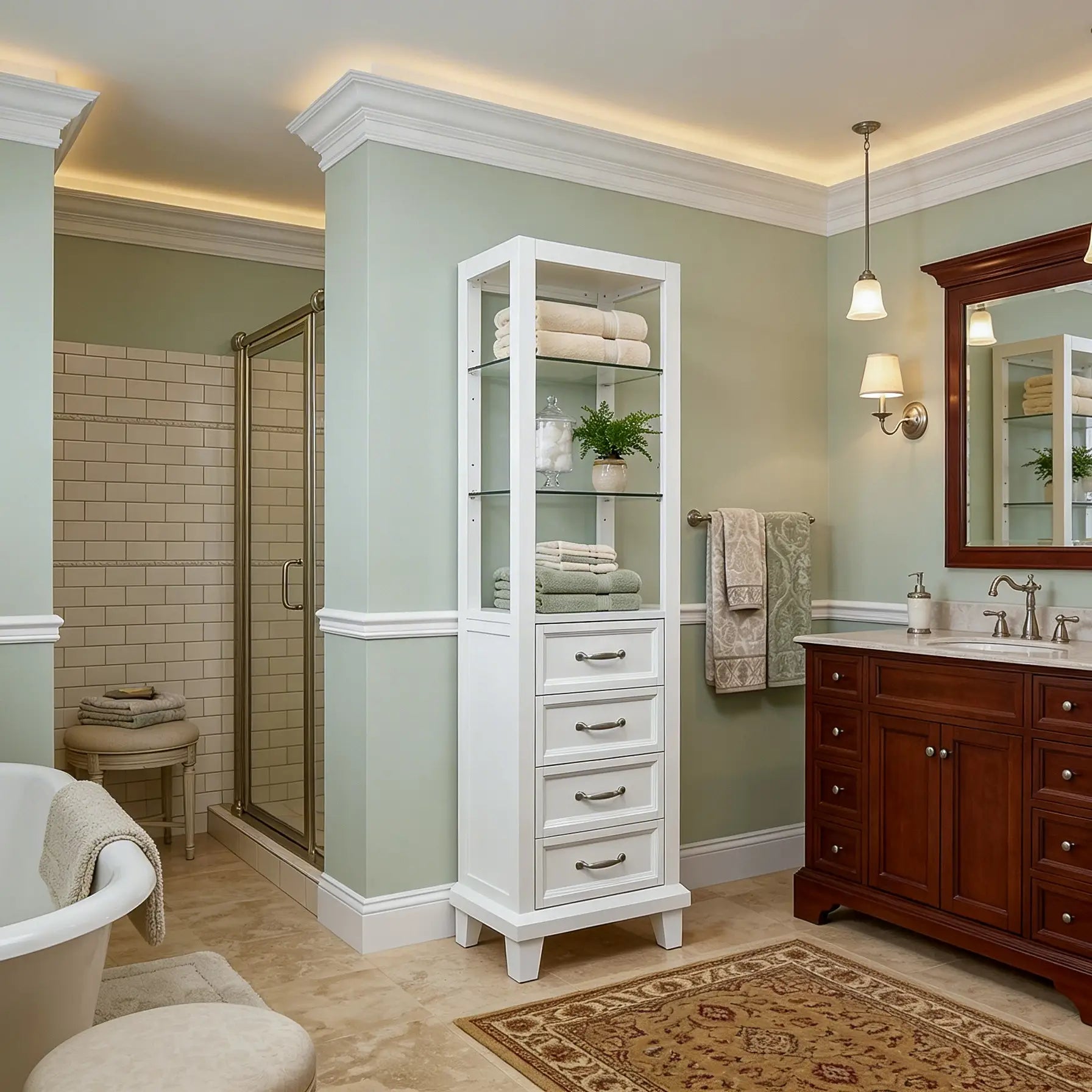 Bathroom with a tall white cabinet, wooden vanity, and shower area.