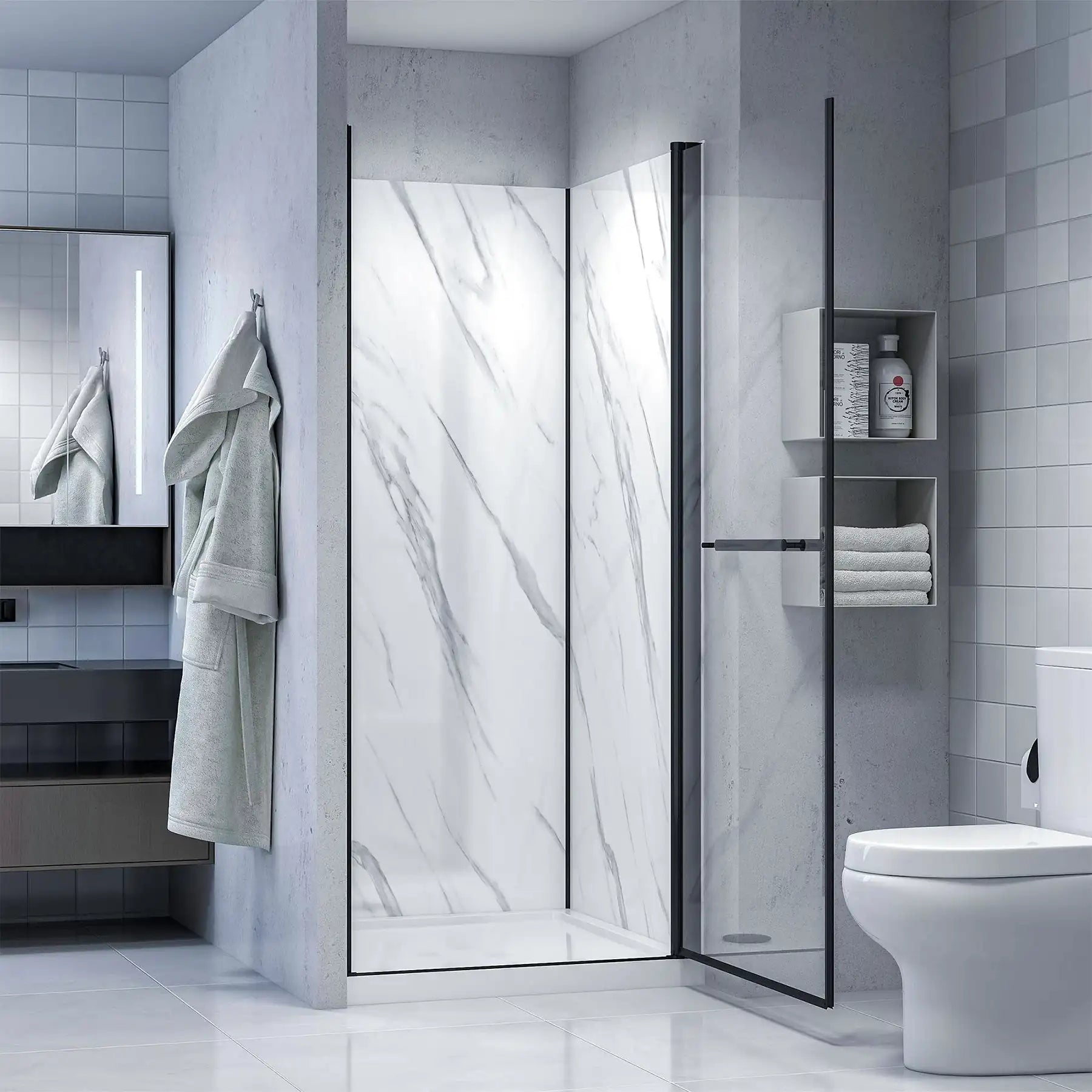 Modern bathroom with a shower enclosure, toilet, and shelves.