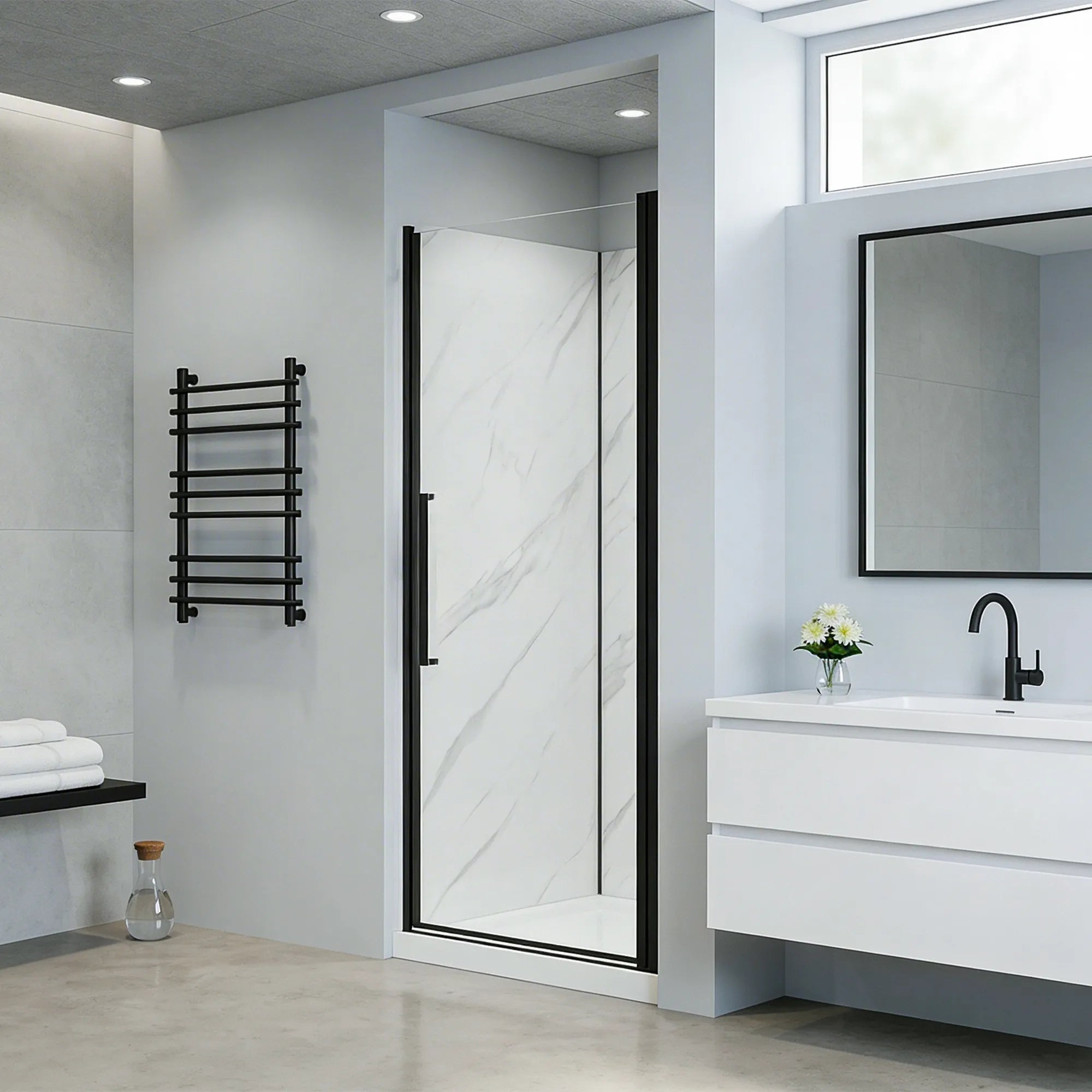 Modern bathroom with shower enclosure, towel rack, and sink.