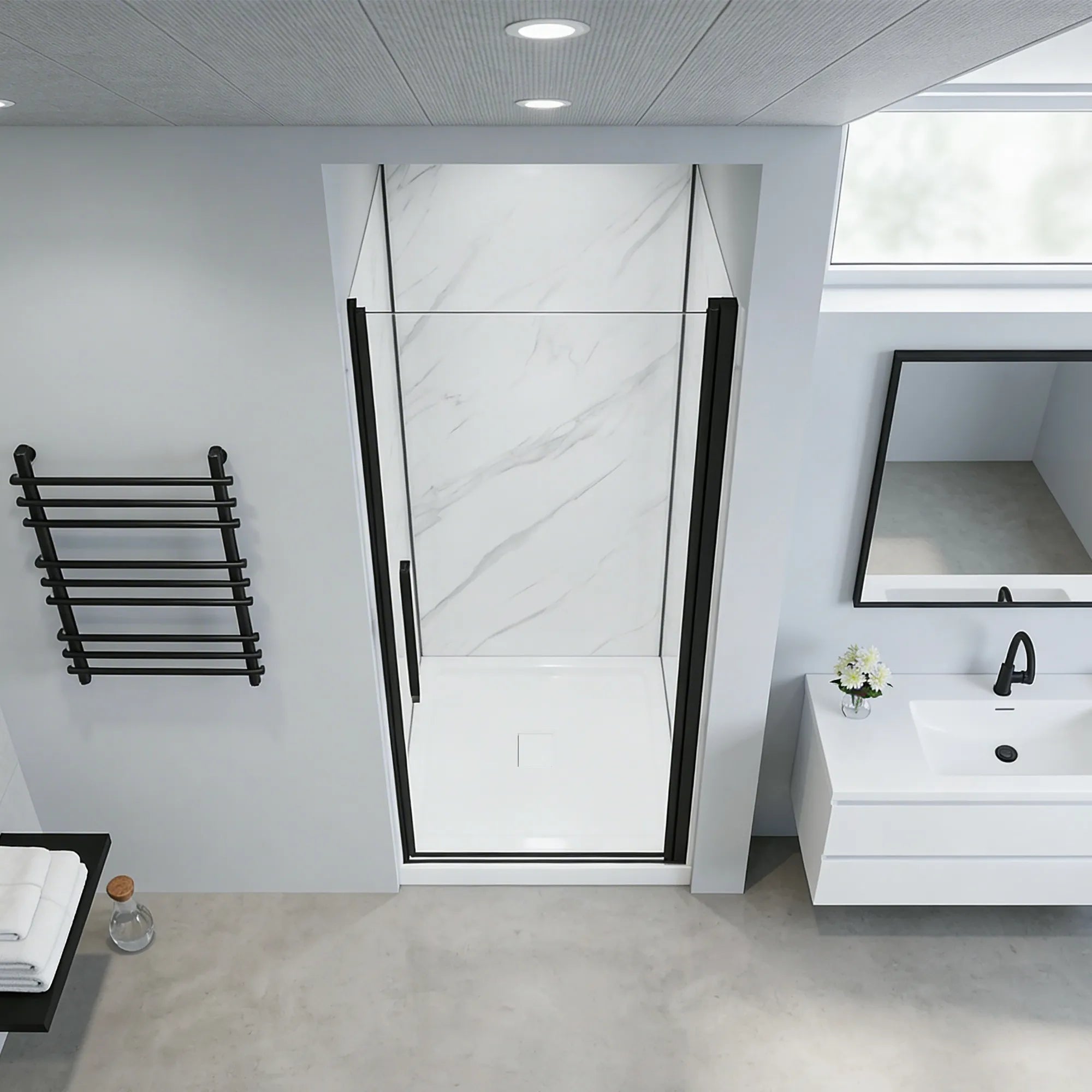 Modern bathroom with shower enclosure, towel rack, and sink.