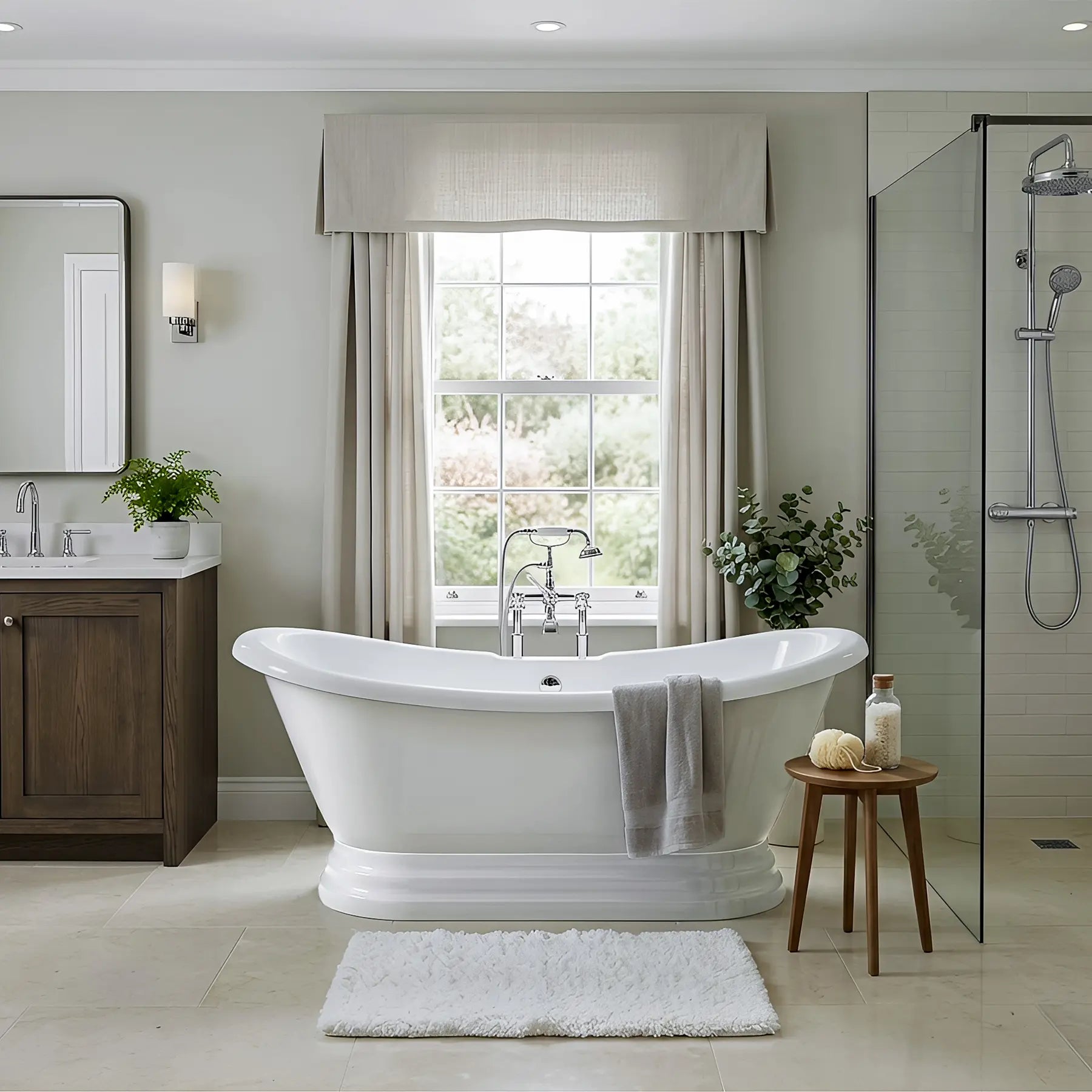Modern bathroom with freestanding bathtub, wooden cabinet, and shower area.