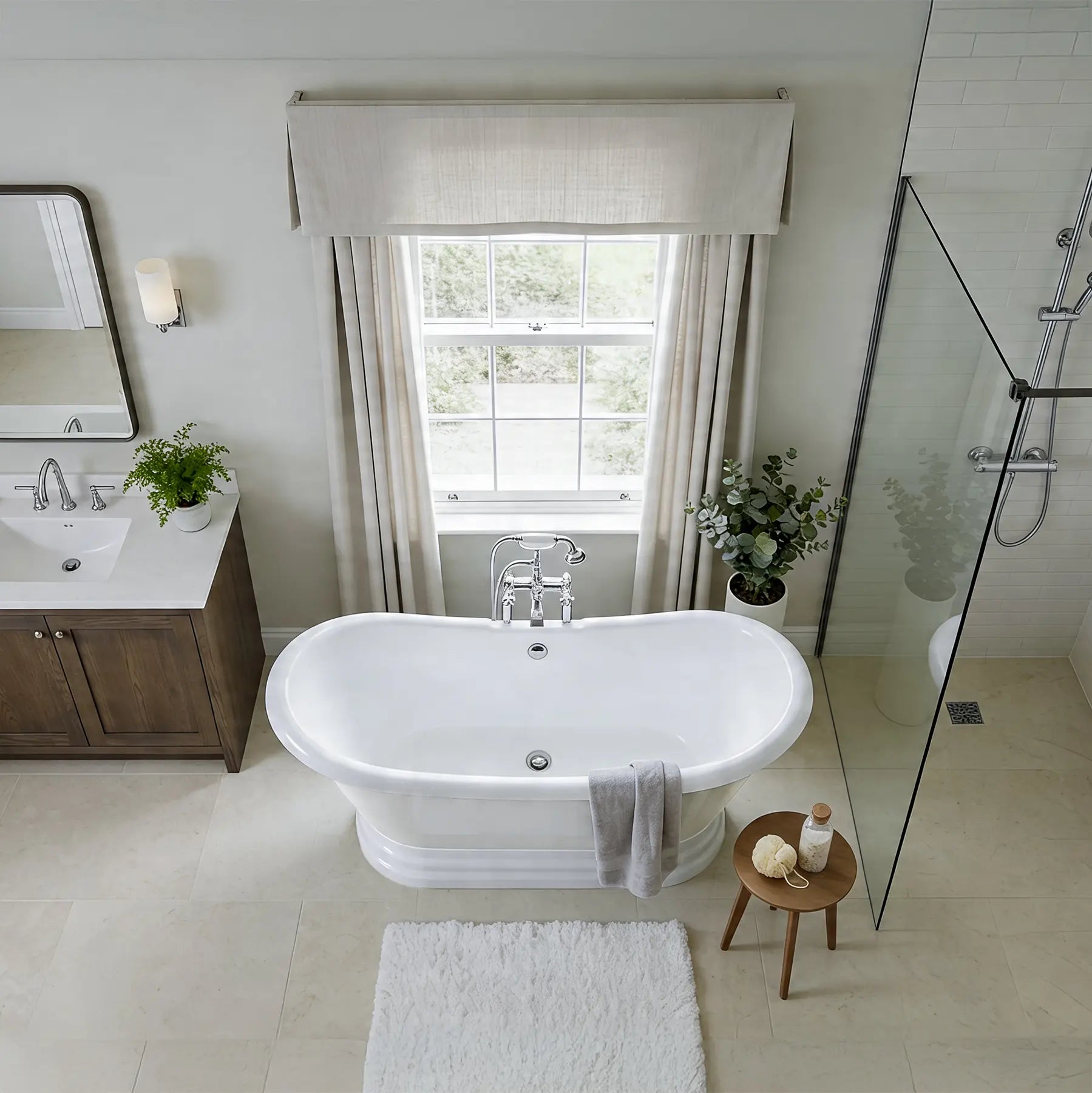 Modern bathroom with freestanding bathtub, sink, and shower area.