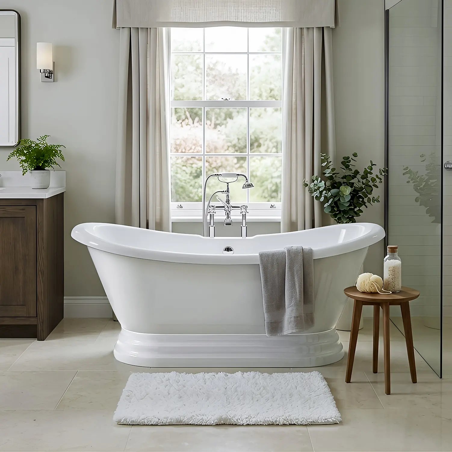 Modern bathroom with a freestanding bathtub, wooden cabinet, and decorative elements.