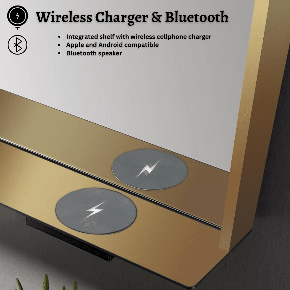 The Allegra rectangular LED bathroom mirror with Bluetooth speaker, wireless charging, and anti-fog