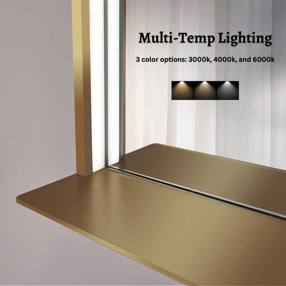 The Allegra rectangular LED bathroom mirror with Bluetooth speaker, wireless charging, and anti-fog