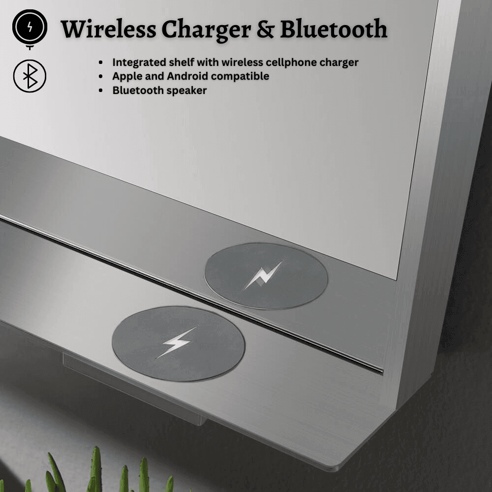 Allegra 36"W x 32"H Framed LED Mirror with Bluetooth Speaker and Wireless Cell Phone Charger - Available in 3 colors - Dreamwerks