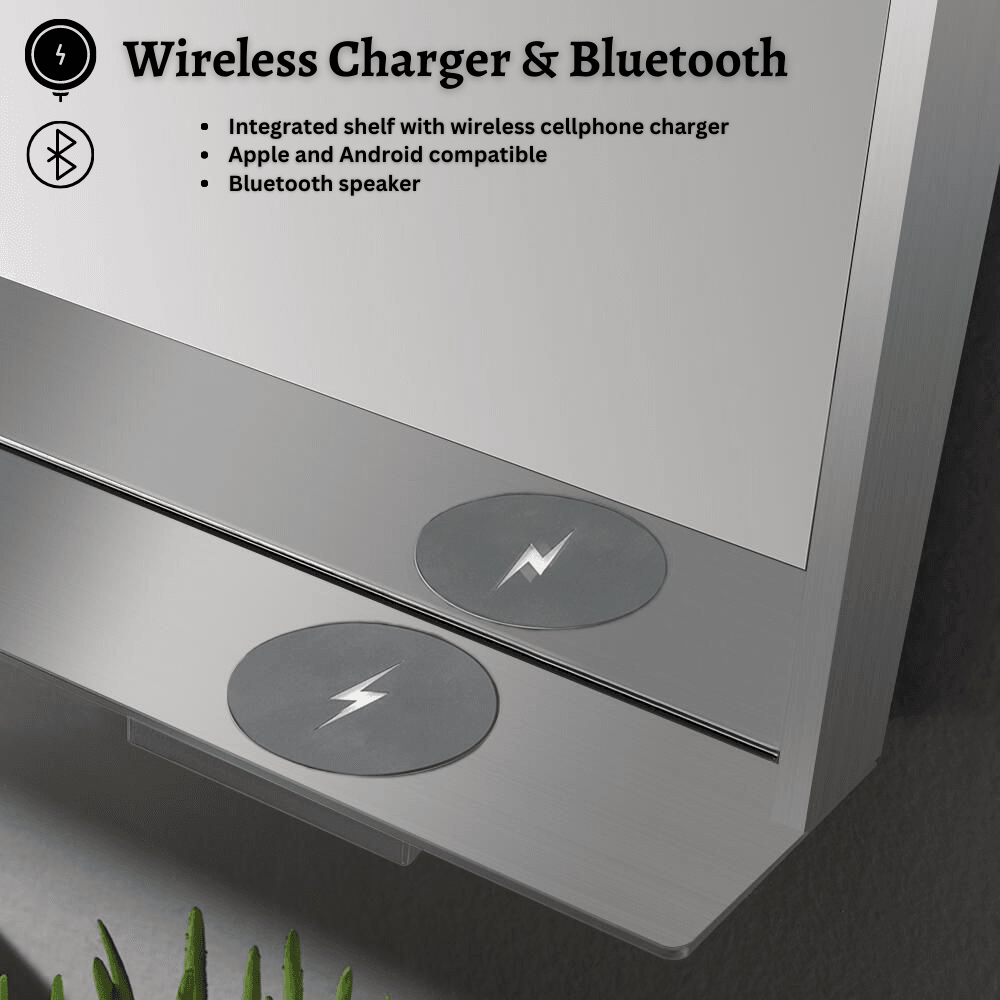 The Allegra rectangular LED bathroom mirror with Bluetooth speaker, wireless charging, and anti-fog