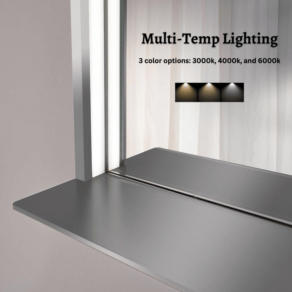 The Allegra rectangular LED bathroom mirror with Bluetooth speaker, wireless charging, and anti-fog