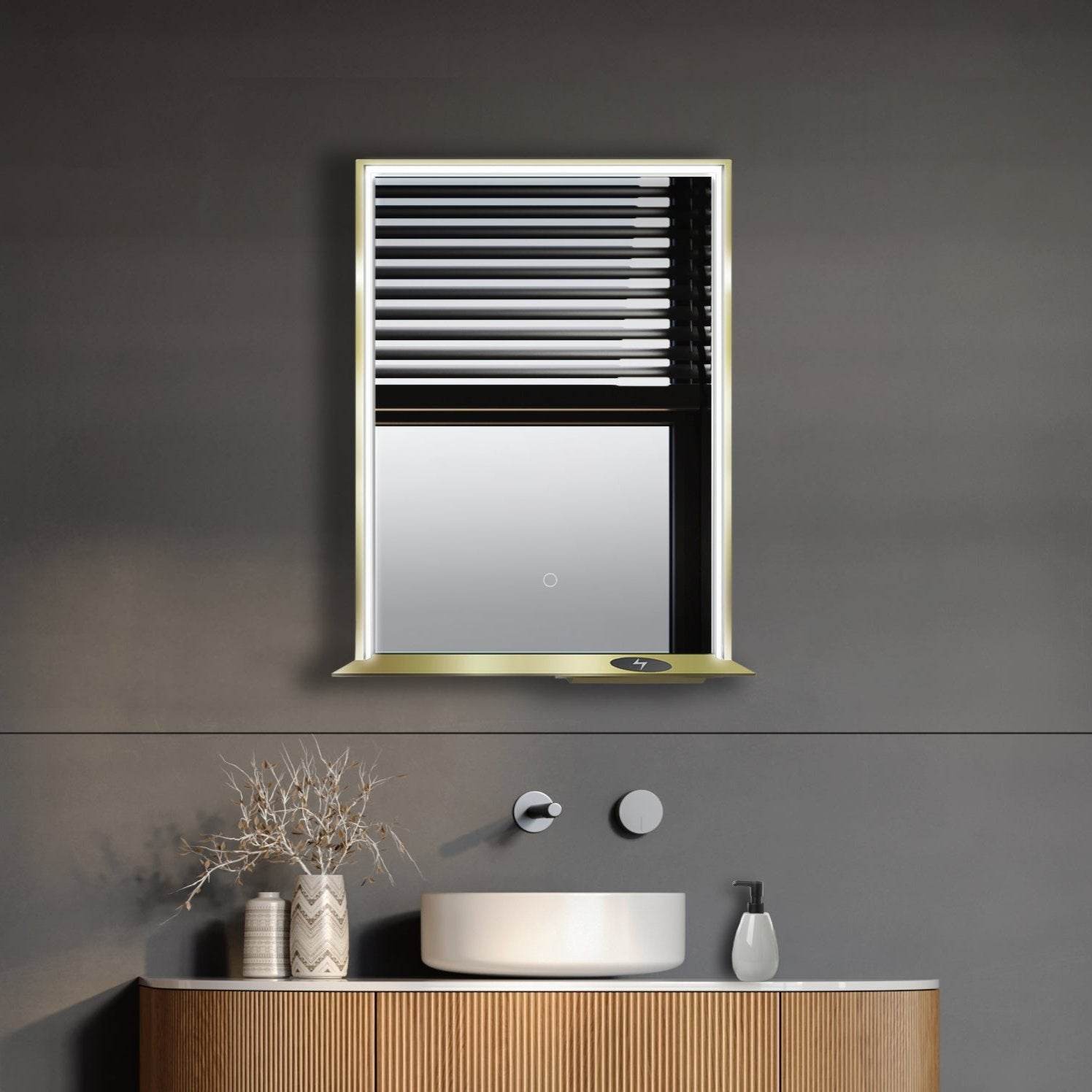 The Allegra rectangular LED bathroom mirror with Bluetooth speaker, wireless charging, and anti-fog