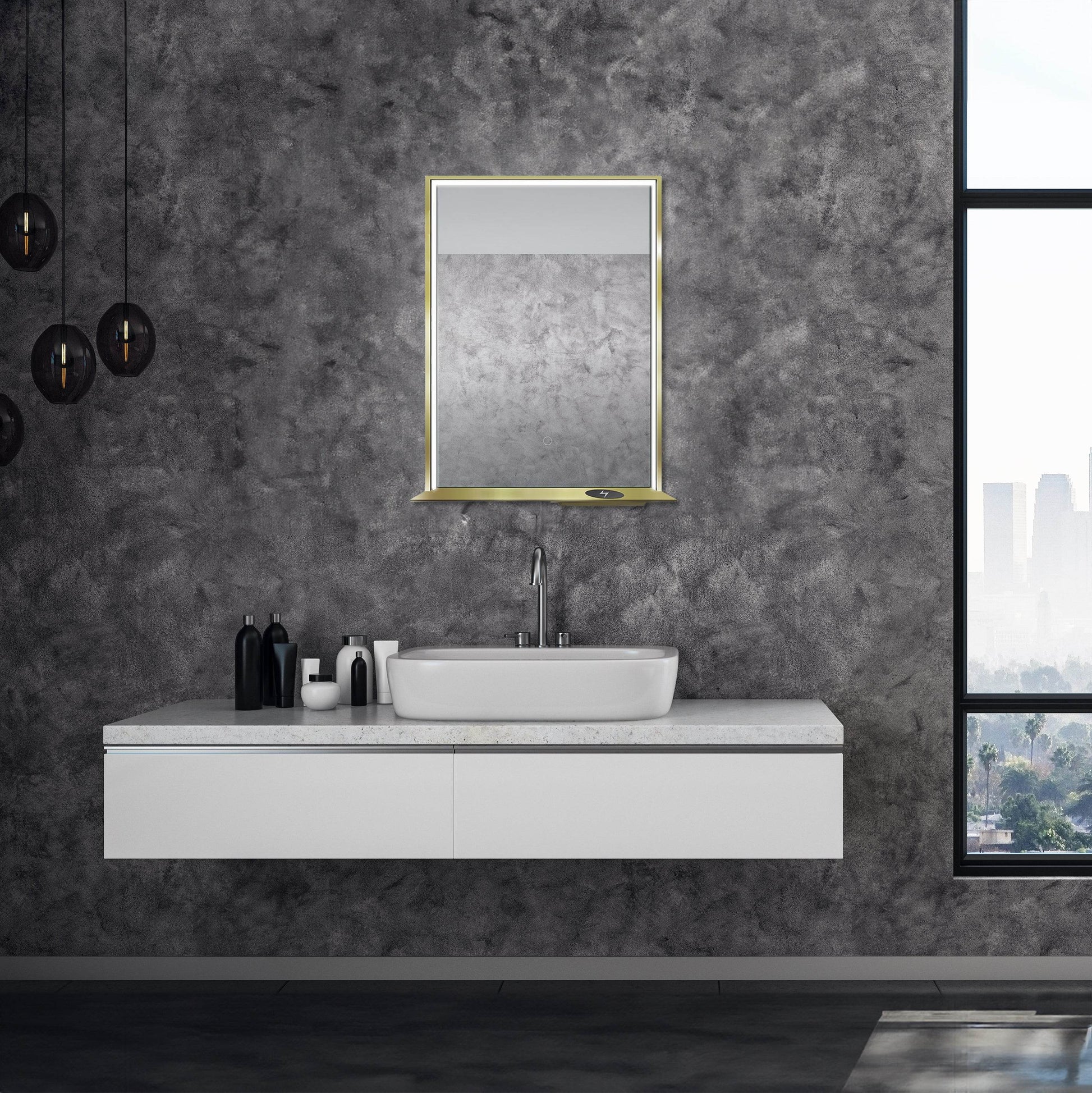 The Allegra rectangular LED bathroom mirror with Bluetooth speaker, wireless charging, and anti-fog