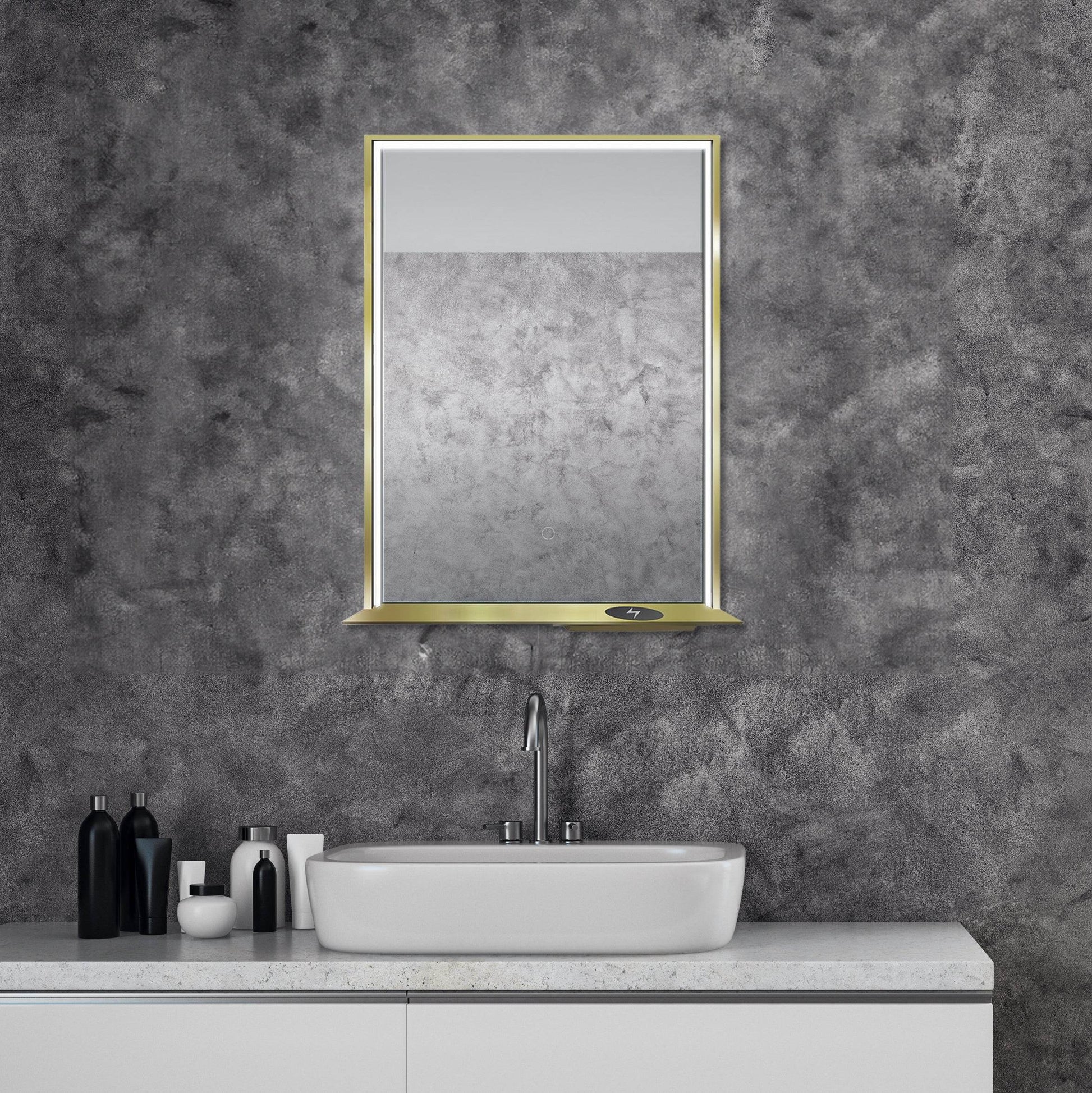 The Allegra rectangular LED bathroom mirror with Bluetooth speaker, wireless charging, and anti-fog