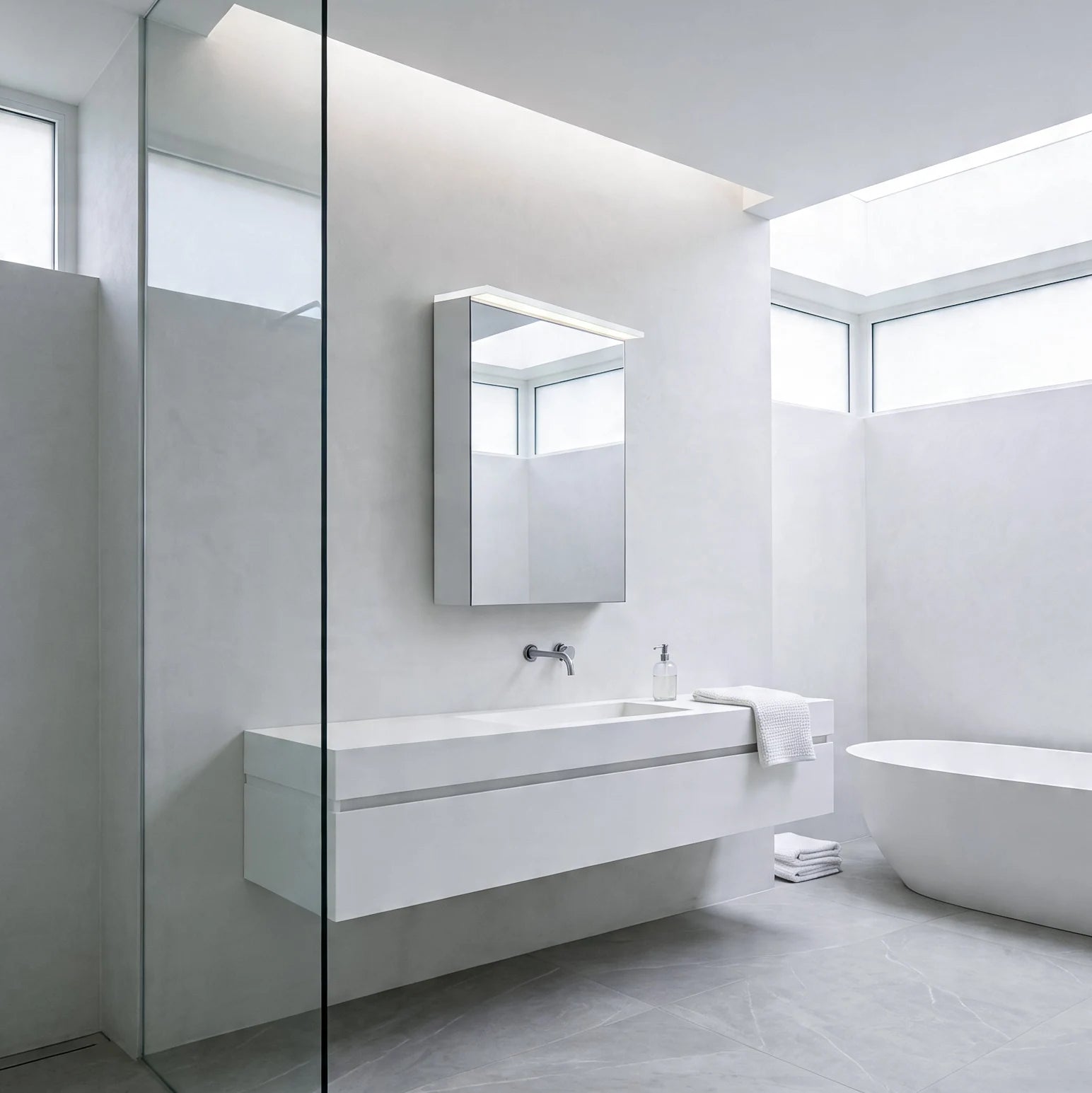 Modern bathroom with white vanity, bathtub, and Dreamwerks LED medicine cabinet mirror.