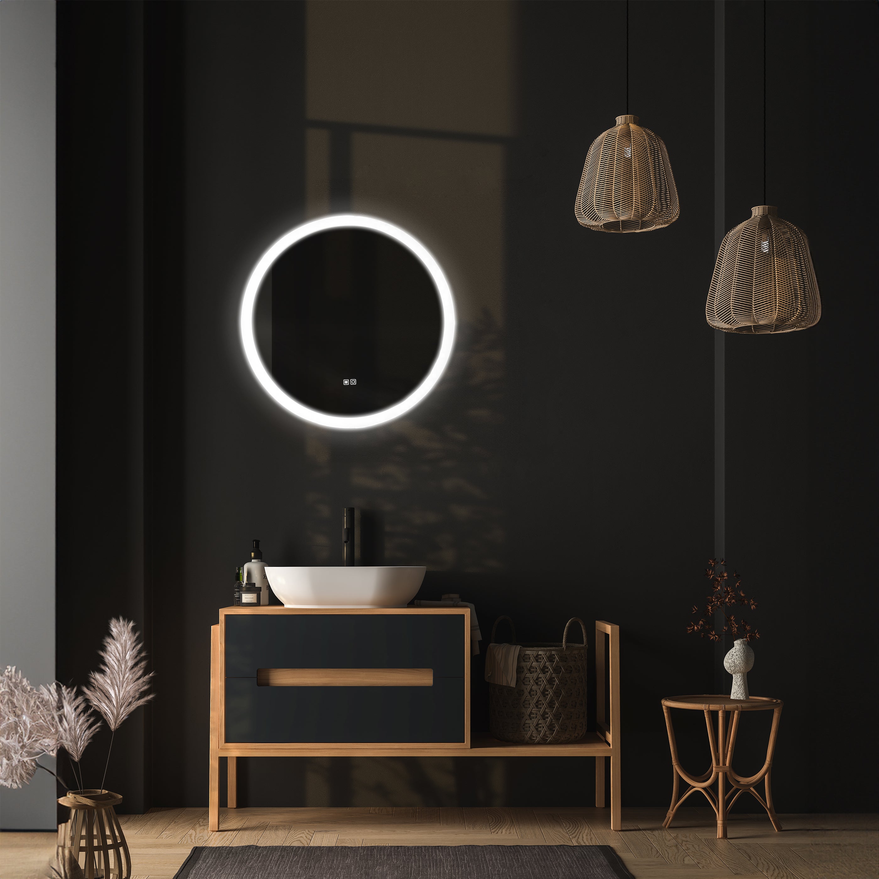 Dreamwerks-Mariana-24"-Round-LED-Mirror-integrated-Dimmer-Defogger-in-nice-luxury-bathroom-image-4