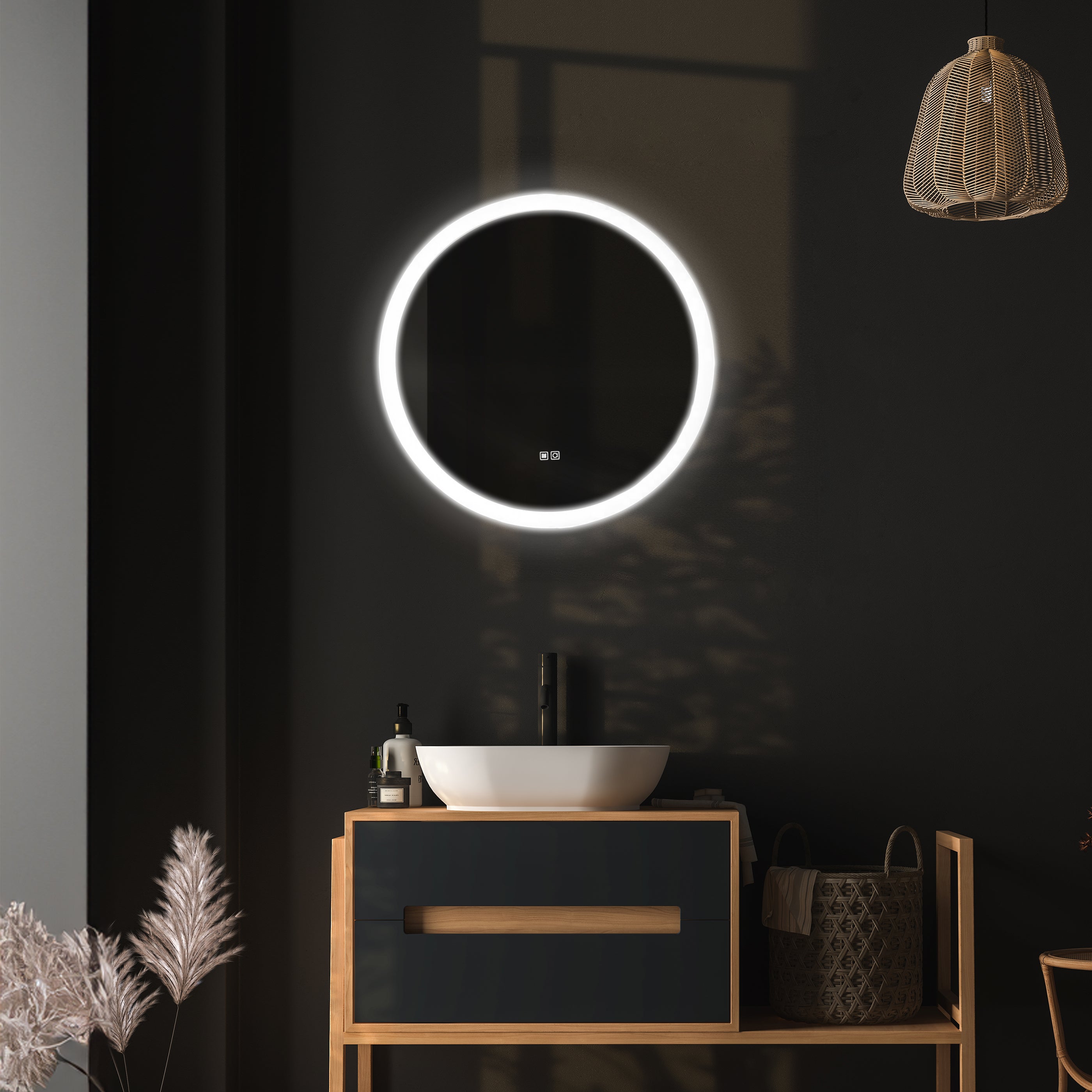 Dreamwerks-Mariana-24"-Round-LED-Mirror-integrated-Dimmer-Defogger-in-nice-luxury-bathroom-image-5