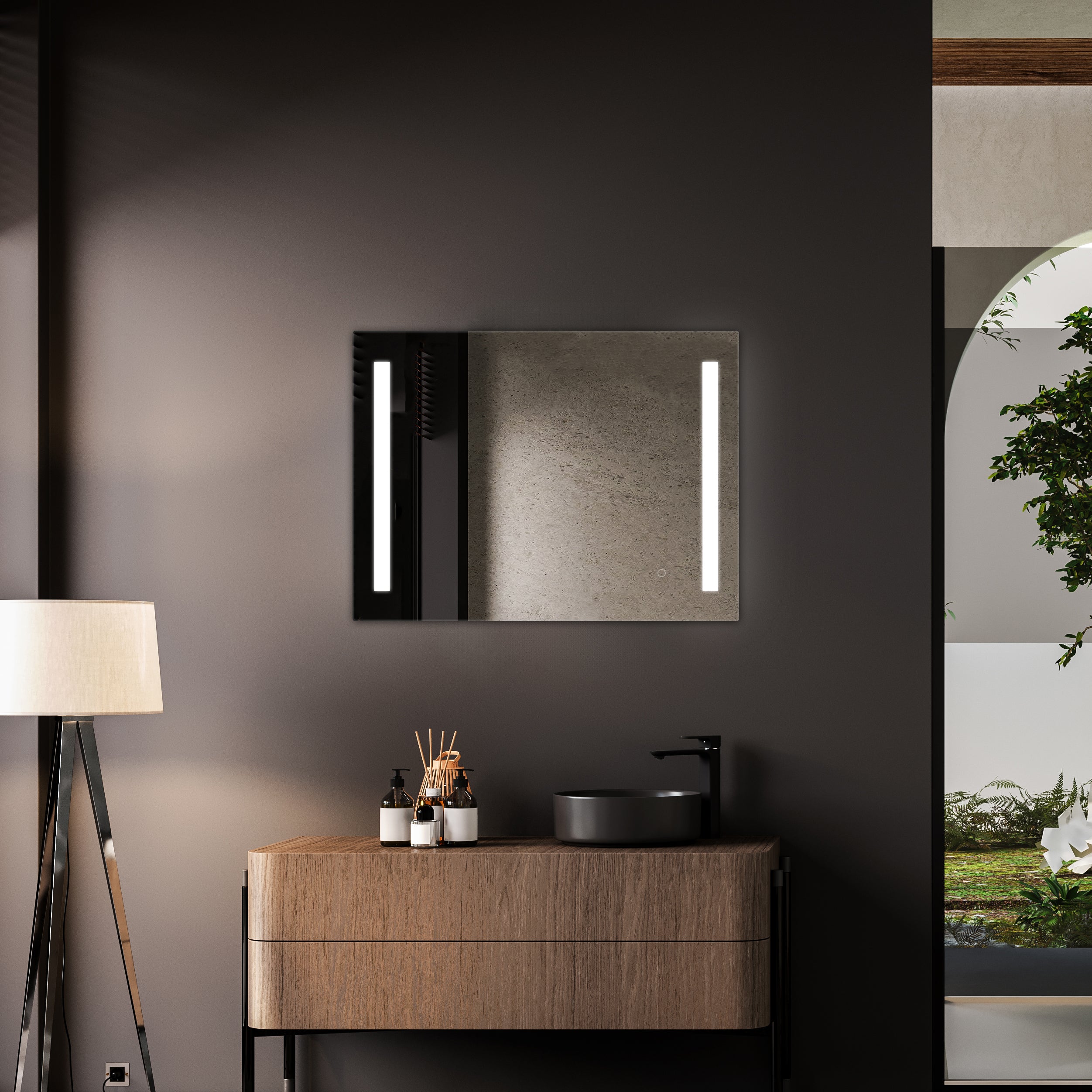 Modern bathroom vanity with Treviso LED mirror, equipped with an integrated defogger, above a stylish wooden cabinet, complemented by minimalistic decor and a chic floor lamp, in a contemporary interior setting.