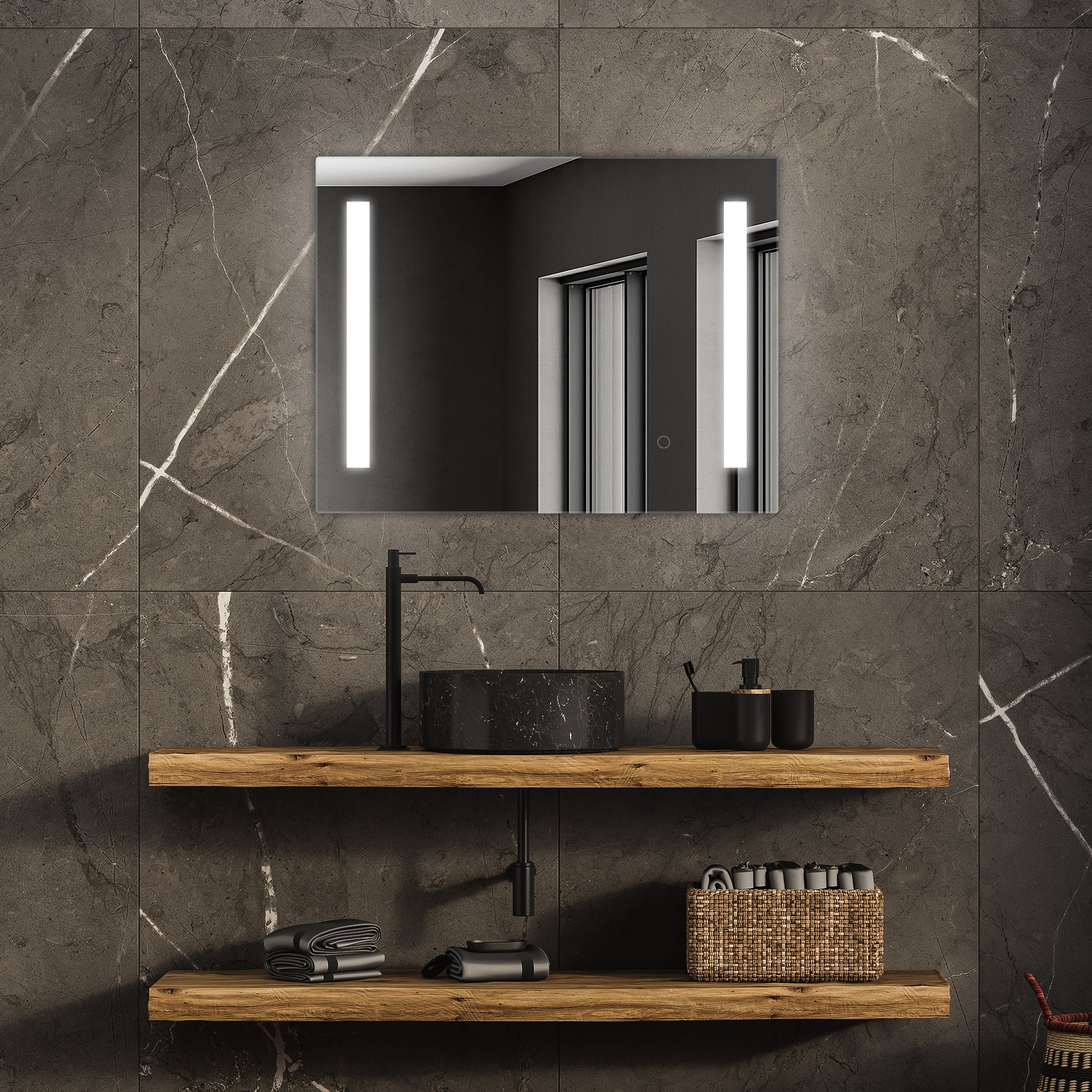 Modern bathroom vanity with the sleek TREVISO LED Mirror, featuring an integrated defogger, above and floating wooden shelves stocked with bathroom essentials, set against a textured dark marble wall.