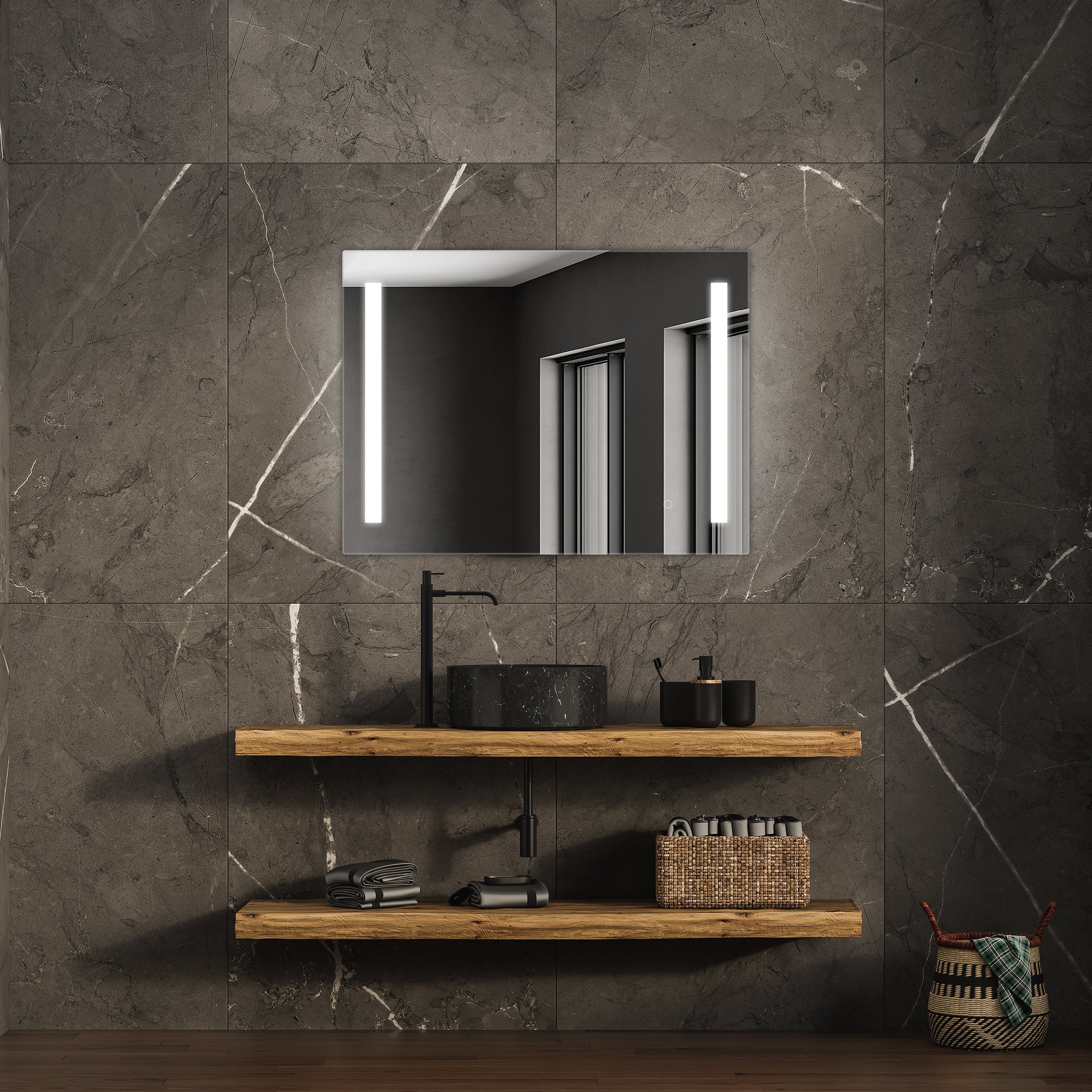 Modern bathroom vanity with sleek, TREVISO LED Mirror against a dark marble wall, featuring natural wood shelves adorned with stylish toiletries and woven baskets, evoking an atmosphere of luxury and minimalist design.