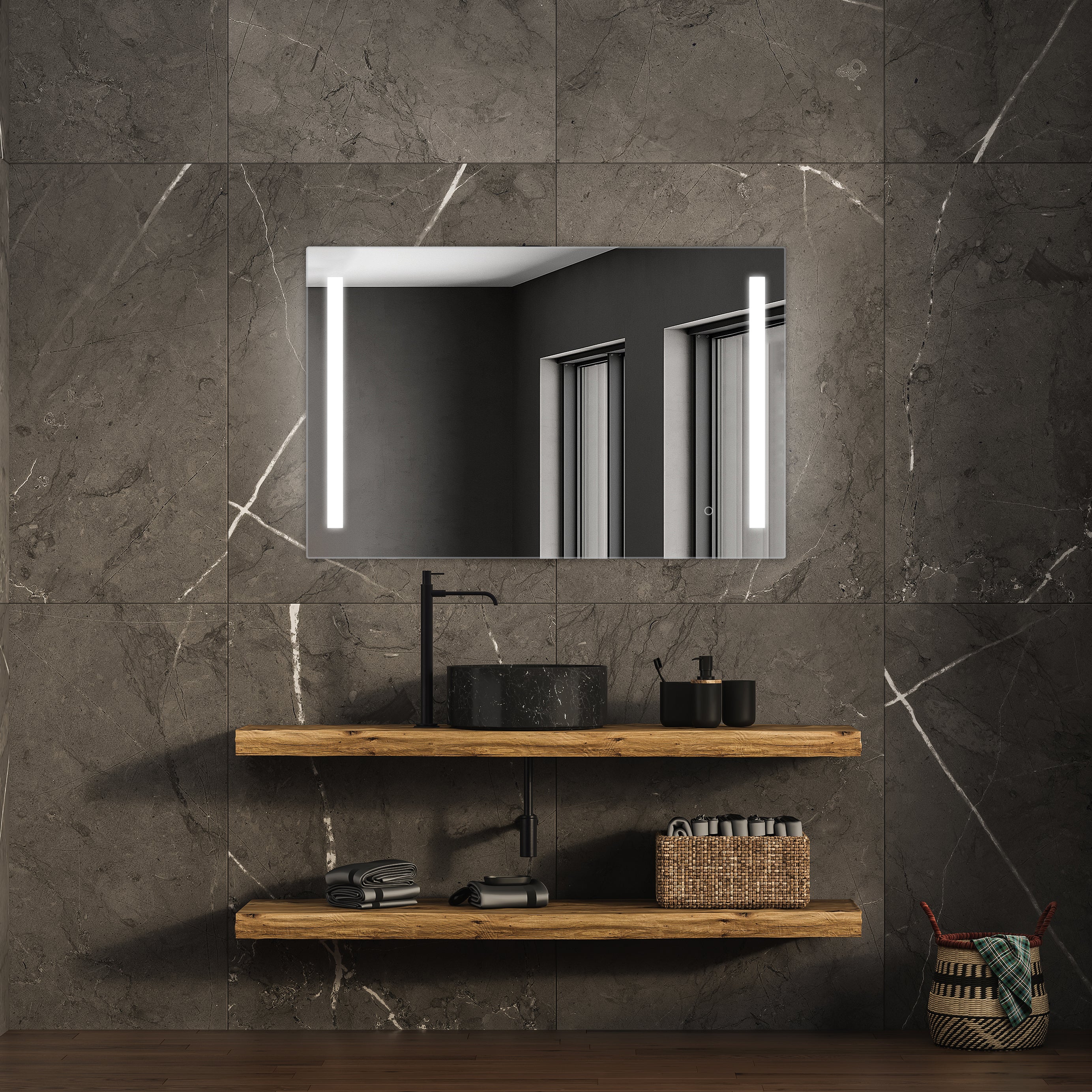 A minimalist and modern bathroom design featuring the TREVISO LED Mirror with integrated defogger, mounted above a pair of wooden shelves holding bathroom essentials, all set against a textured dark stone wall.