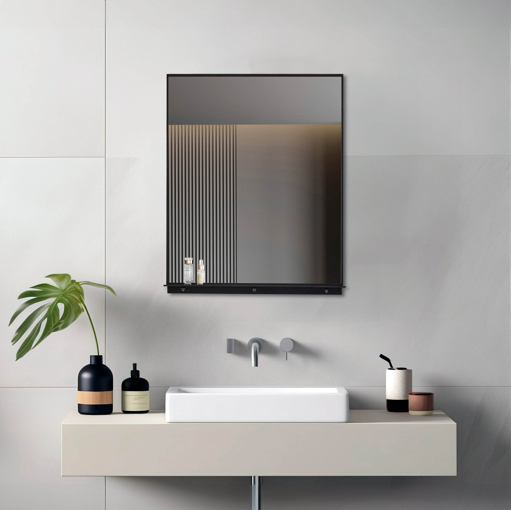 Lexi 24" x 32" Black & Chrome Framed Wall Mirror with Shelf – Water Resistant & Versatile