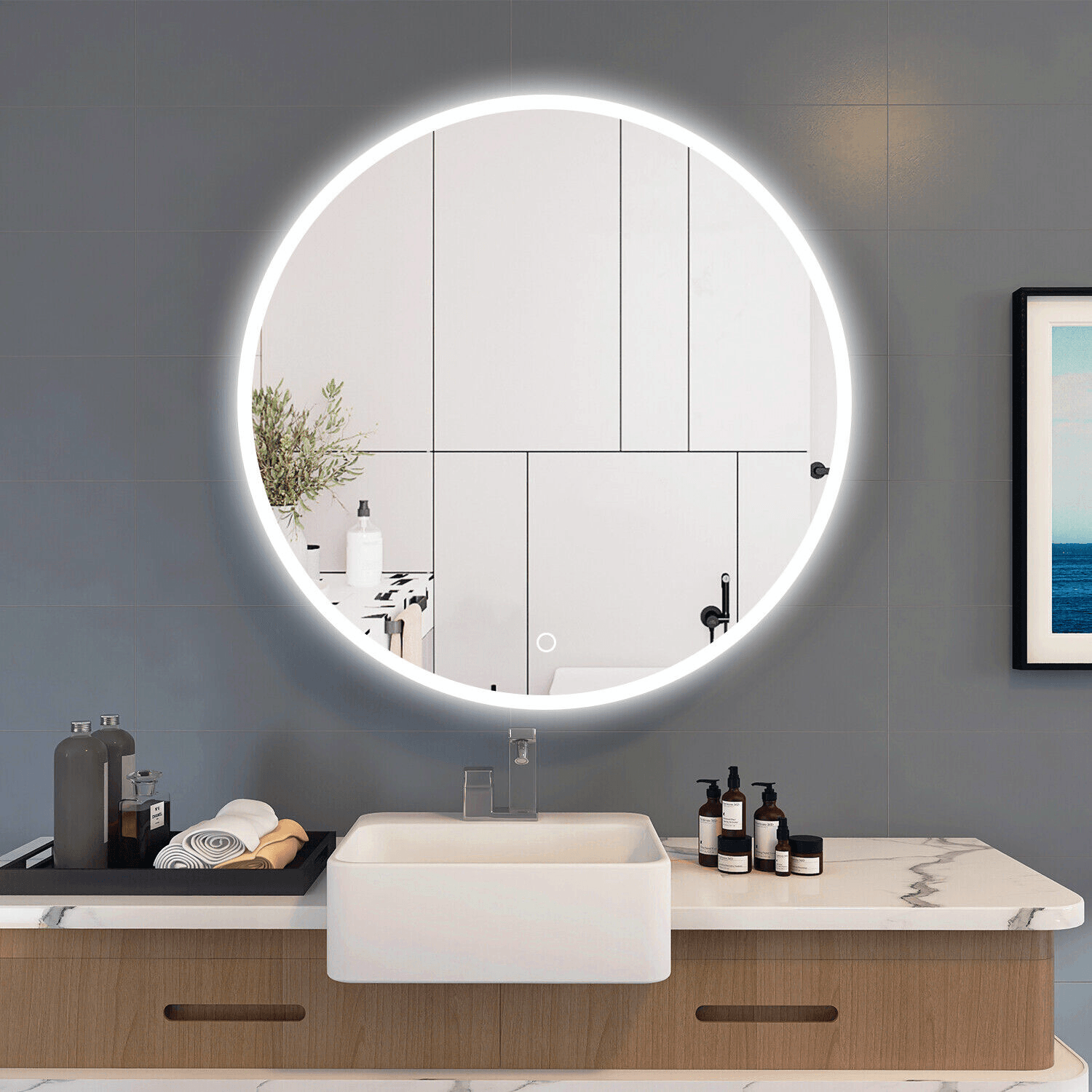 Onyx Frameless round LED mirror with touch sensor, defogger, and halo lighting effect - Dreamwerks