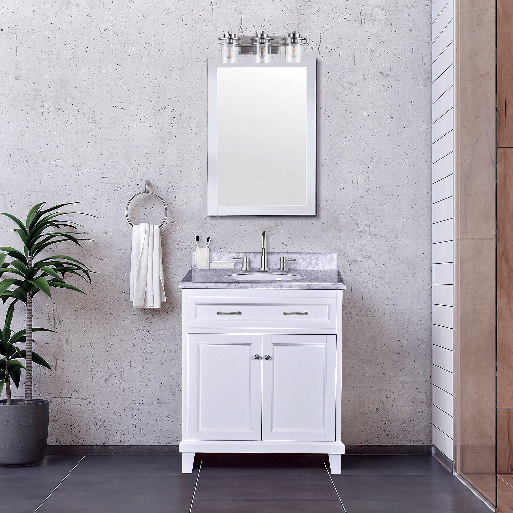 Addison 30"W x 22.4"D x 35"H White Vanity w/ Solid Wood & Carrara Marble Top