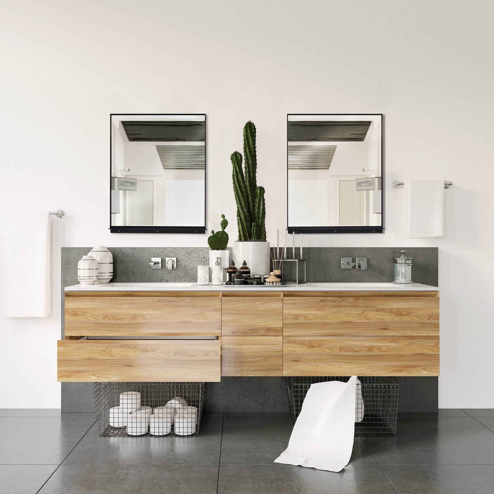 Lexi 24" x 32" Black & Chrome Framed Wall Mirror with Shelf – Water Resistant & Versatile