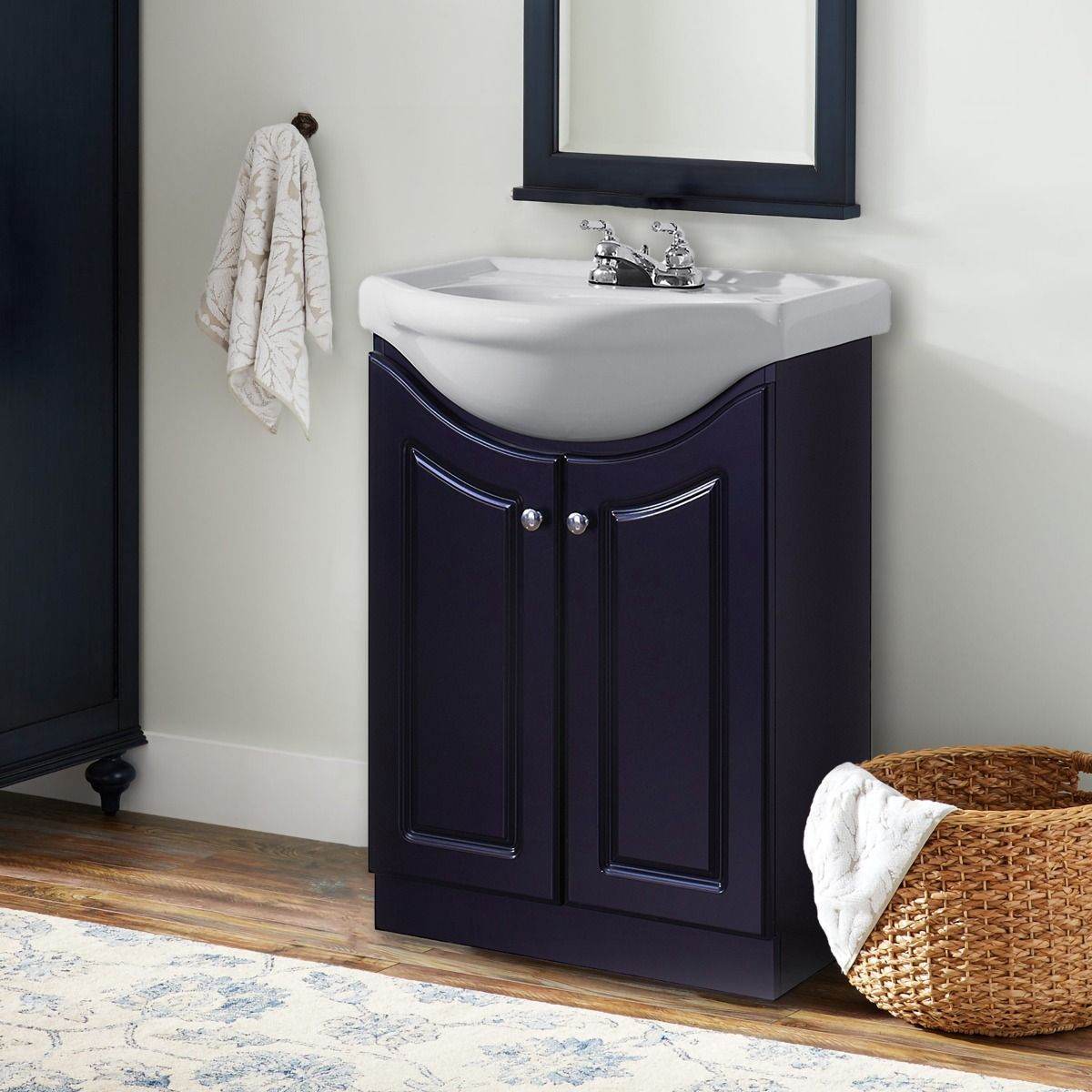 Elanor 24" W x 19" D x 34" H Semi-Contemporary Euro Vanity in Satin Black with Ceramic Vanity Top in White - Dreamwerks