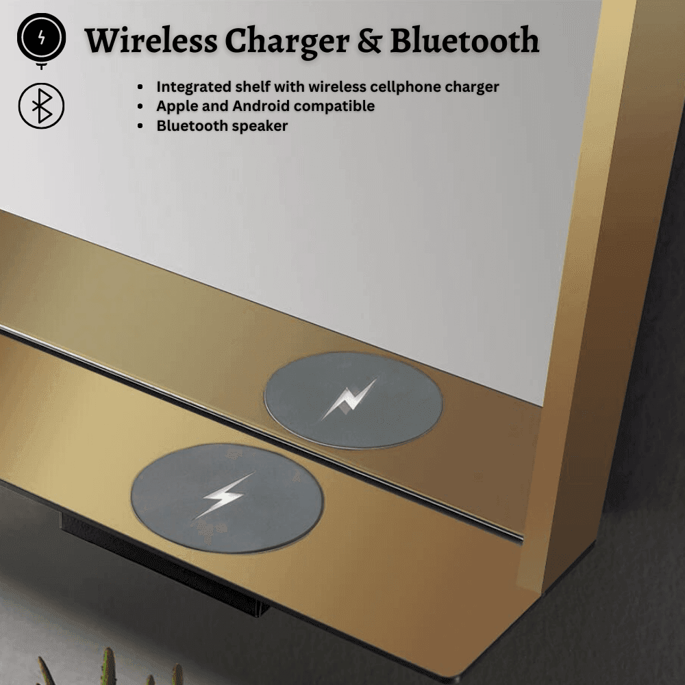 Allegra 36"W x 32"H Framed LED Mirror with Bluetooth Speaker and Wireless Cell Phone Charger - Available in 3 colors - Dreamwerks