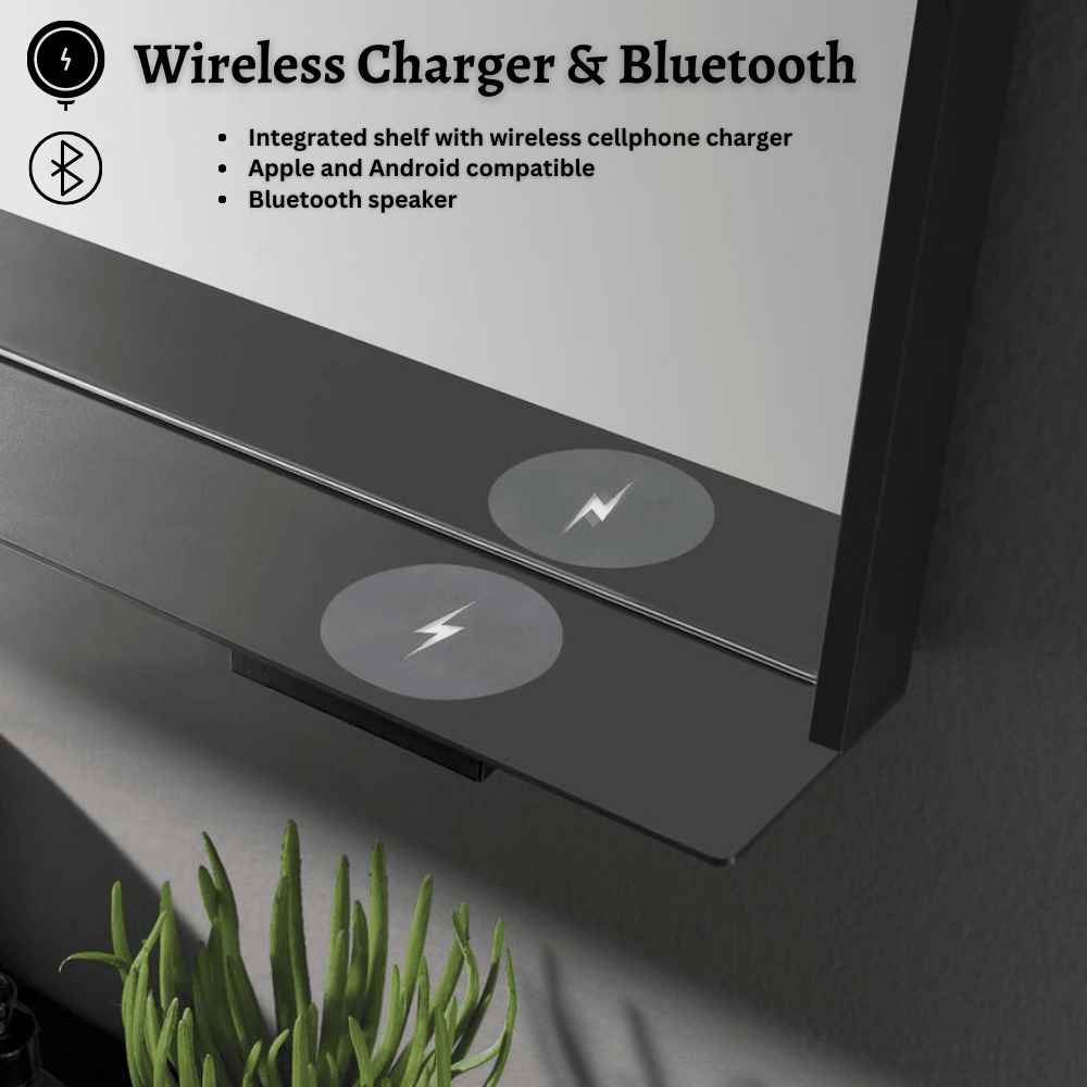 The Allegra rectangular LED bathroom mirror with Bluetooth speaker, wireless charging, and anti-fog