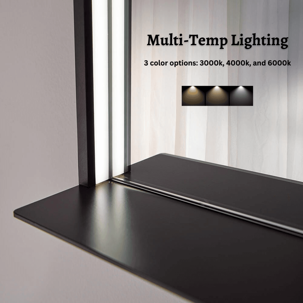 The Allegra rectangular LED bathroom mirror with Bluetooth speaker, wireless charging, and anti-fog